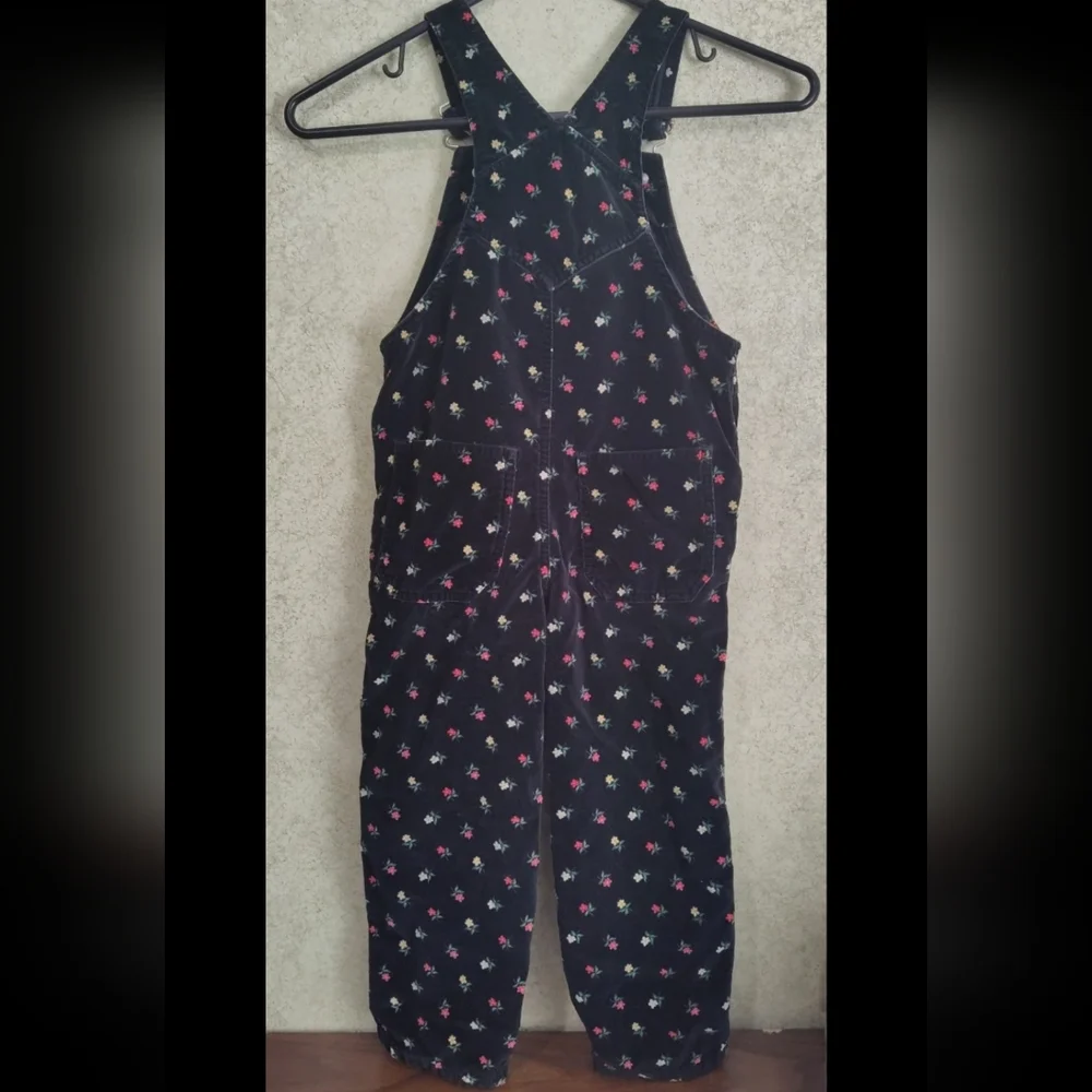 Vintage Gymboree 1998 Black Floral Velveteen Pocket Bib Overalls Size 4-5